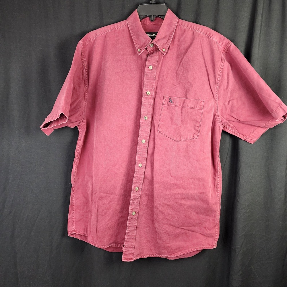 Eddie Bauer Mens Tall L G Short Sleeve Button Down‎ Shirt Red Embroidered Duck